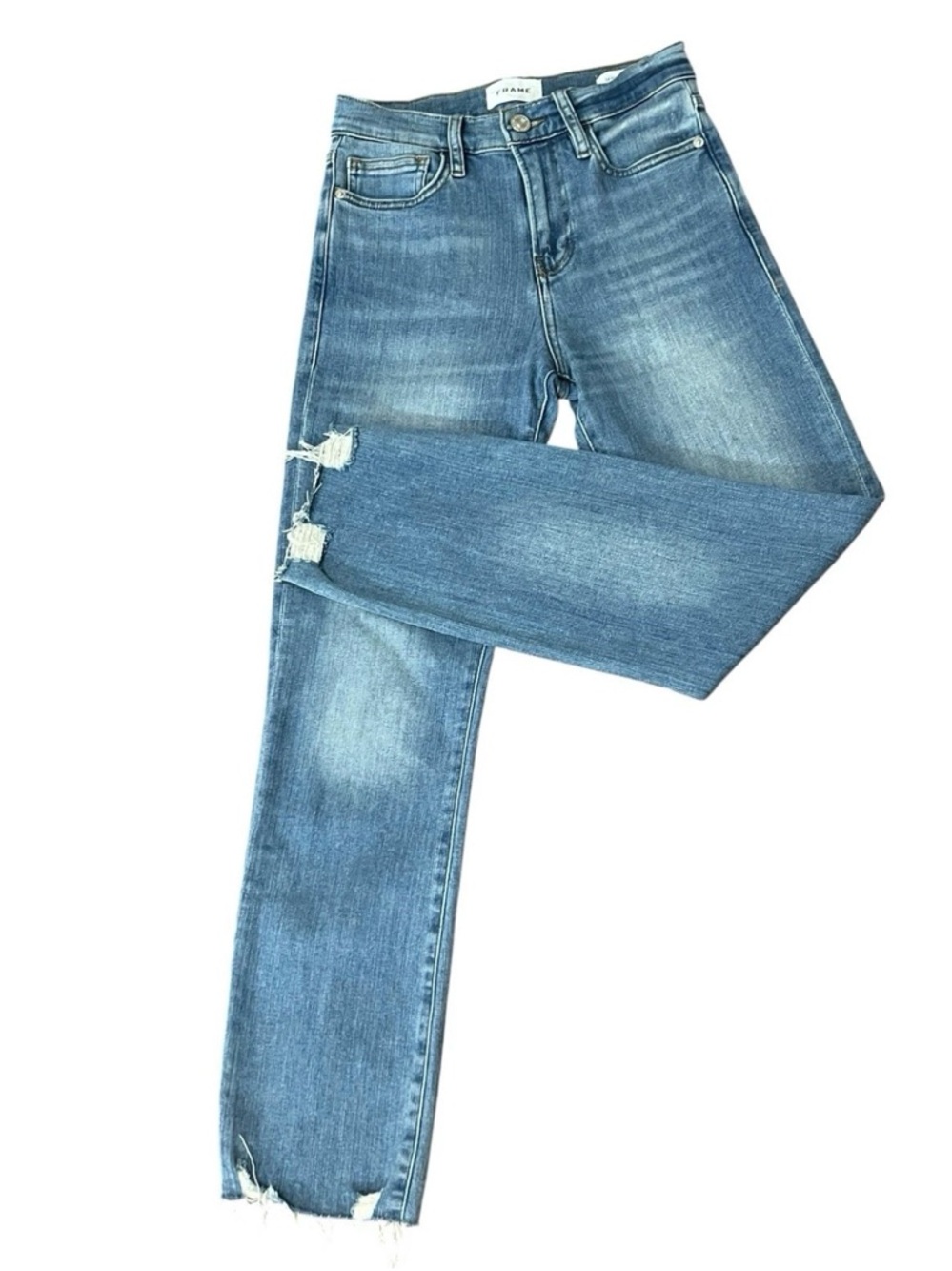 FRAME Le High Straight Jeans Women Sz 25 Blue Distressed Raw Hem High Rise Denim